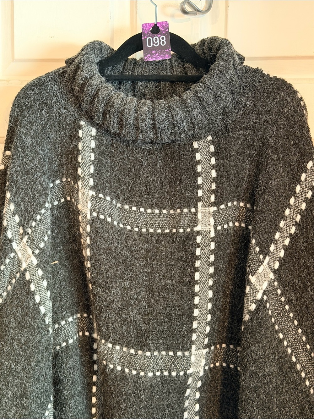Women’s Charcoal Plaid Turtleneck Poncho Sweater - Picture 2 of 6